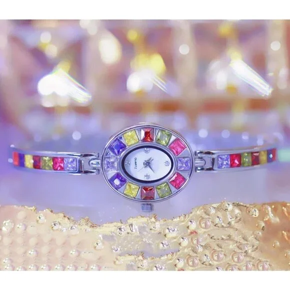 Women Silver Vintage Colorful Crystal Oval Watch Fashion Ladies Small Dial Dress - Picture 3 of 7